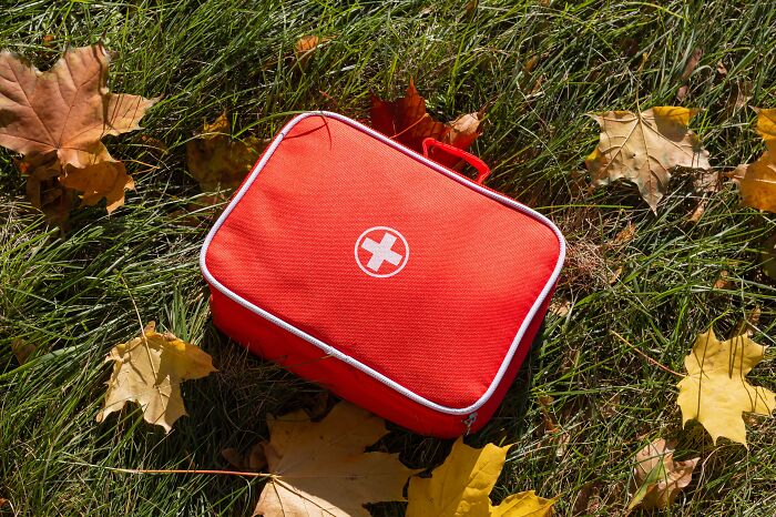 Red travel kit on grass with autumn leaves, essential for packing.