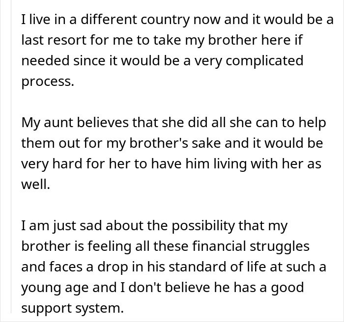 Text discussing brother's financial struggles and lack of support, relating to dad's ex-wife and son seeking rent help.