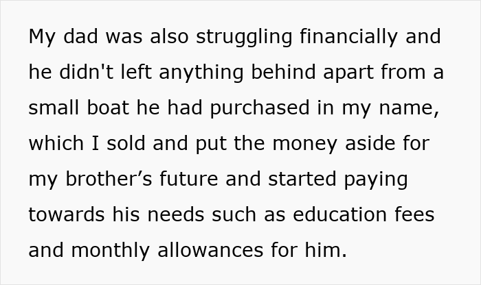 Text about financial struggles and saving for brother's future, related to a situation involving dad's ex-wife and son.