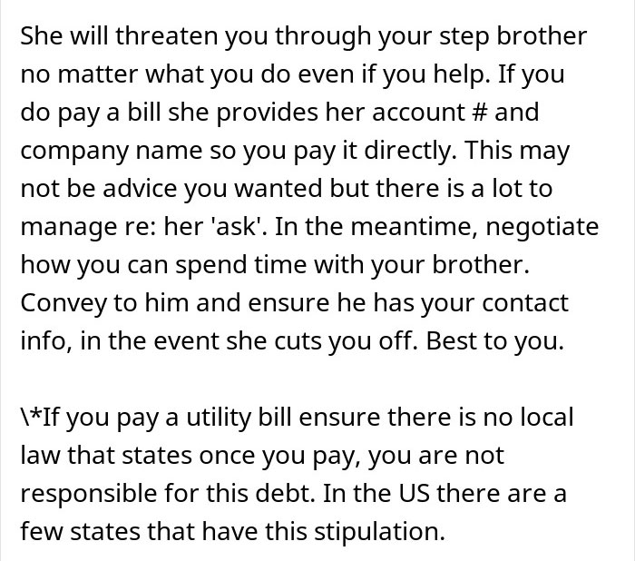 Text discussing advice on managing payments and contact with a stepbrother; involves dad’s ex-wife and rent concerns.