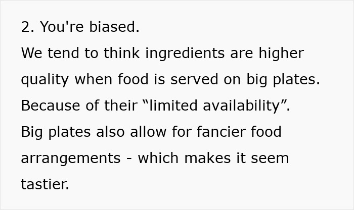 Text discussing how restaurants manipulate perception using big plates for fancier food arrangements.