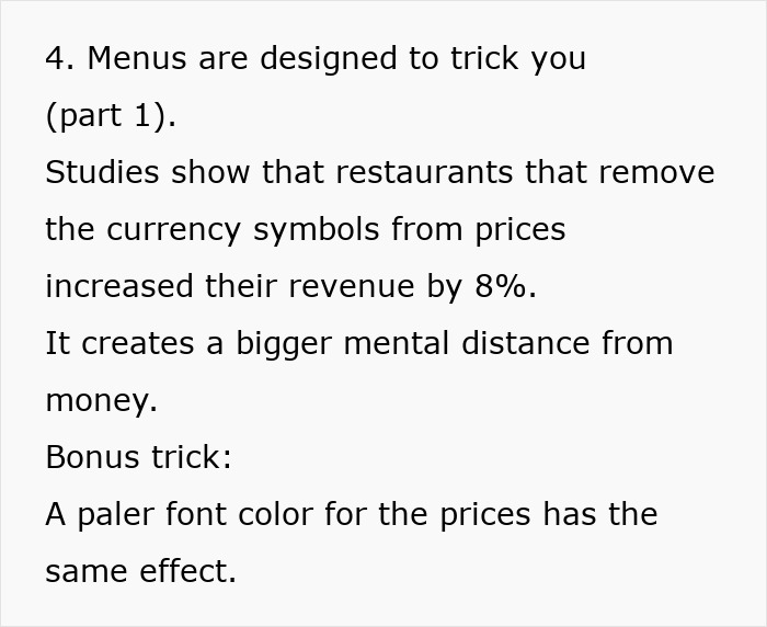 Text explaining how restaurants manipulate spending with menu design.