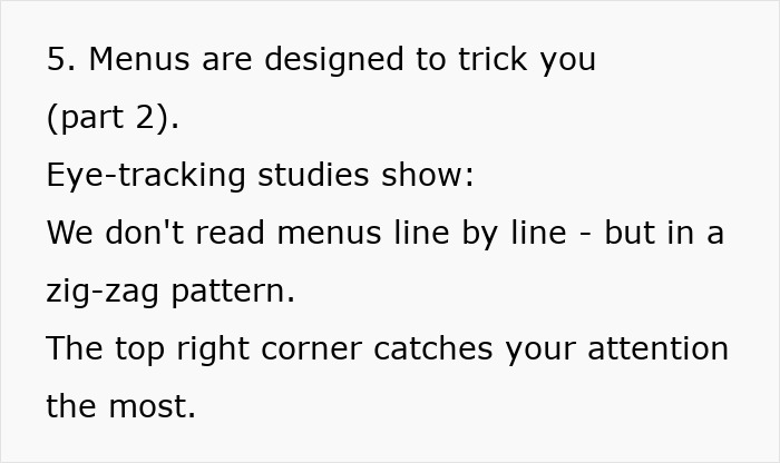 Menu design uses eye-tracking studies to manipulate spending, highlighting the top right corner for attention.