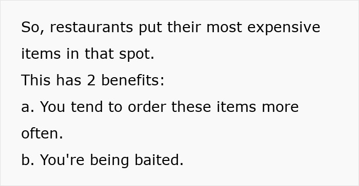 Text describing how restaurants manipulate ordering habits with menu placement strategies.