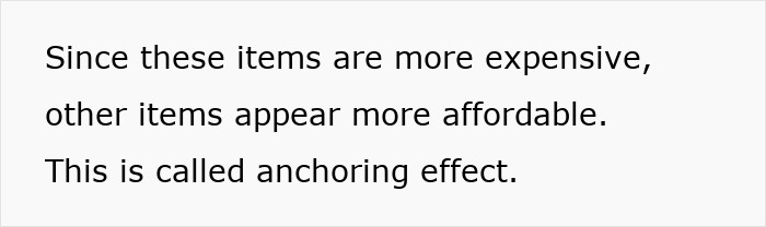 Text explaining restaurants use the anchoring effect to make items appear more affordable.