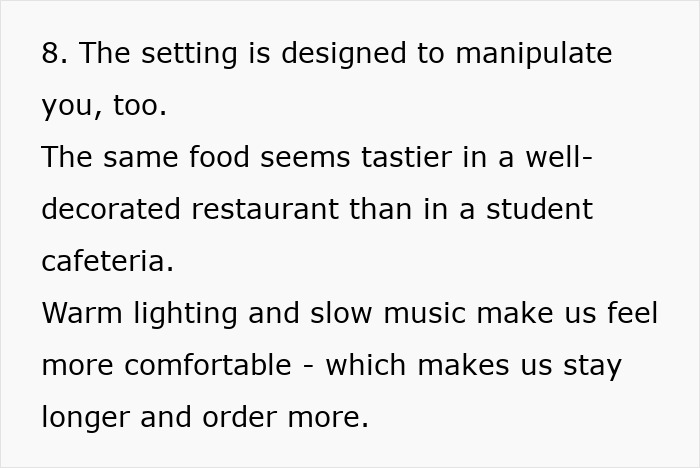 Text about restaurant settings designed to manipulate spending, emphasizing decor, lighting, and music.