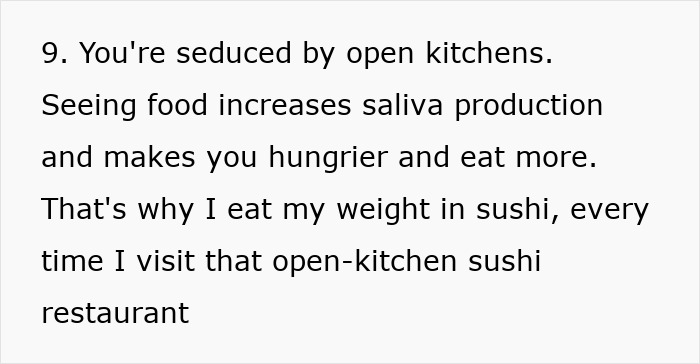 Text discussing how open kitchens in restaurants increase hunger, influencing spending habits.