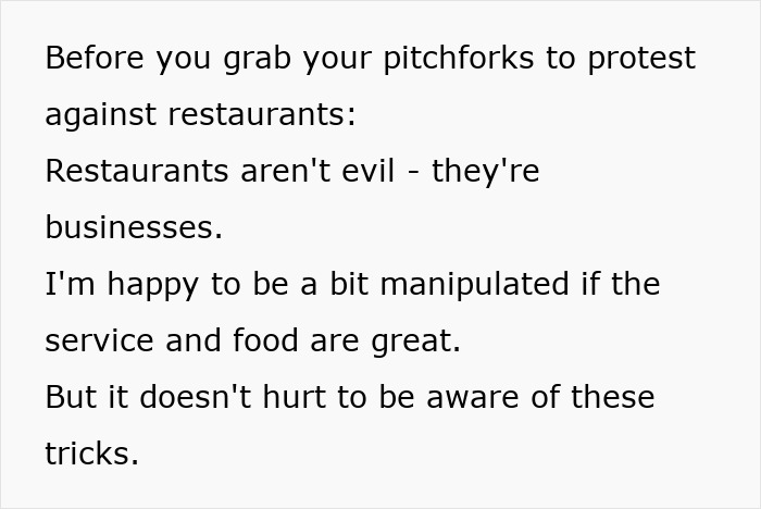 Text discussing restaurant manipulation, emphasizing awareness of spending tricks.