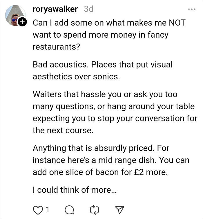 Instagram post text critiquing methods restaurants use to encourage spending.