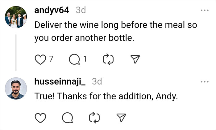 Comments on restaurant manipulation tactics, discussing wine serving strategy.