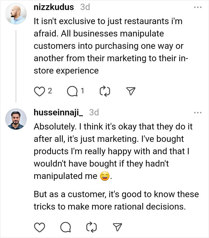 Comments discussing how restaurants and businesses manipulate customers for more spending.