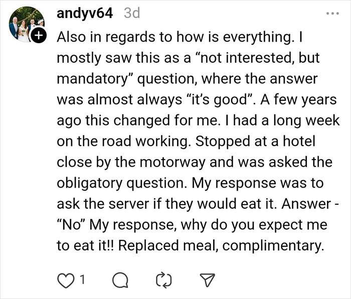 Text post about a restaurant experience and questioning a server's recommendation.