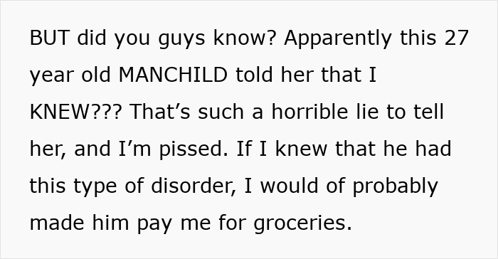 Text describing frustration about a roommate eating her food and lying about knowing, mentioning making him pay for groceries.