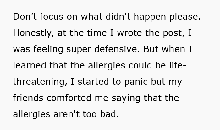 Text statement about feeling defensive and learning allergies could be life-threatening, leading to panic.