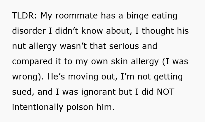 Text snippet discussing a roommate with a binge eating disorder and allergy issues, leading to a misunderstanding.