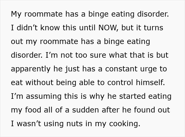 Text about roommate eating woman's food due to a binge eating disorder.