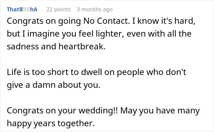 Text post supporting a daughter's decision to go no contact, offering encouragement for her wedding happiness.