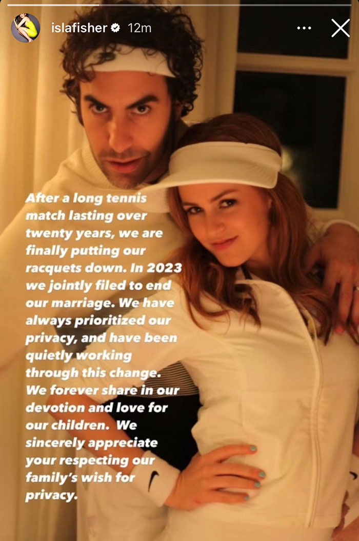 Isla Fisher and man in white tennis outfits, text overlay about divorce announcement and privacy request.