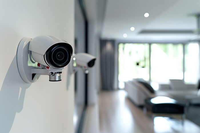 Home security cameras in a modern living room setting.