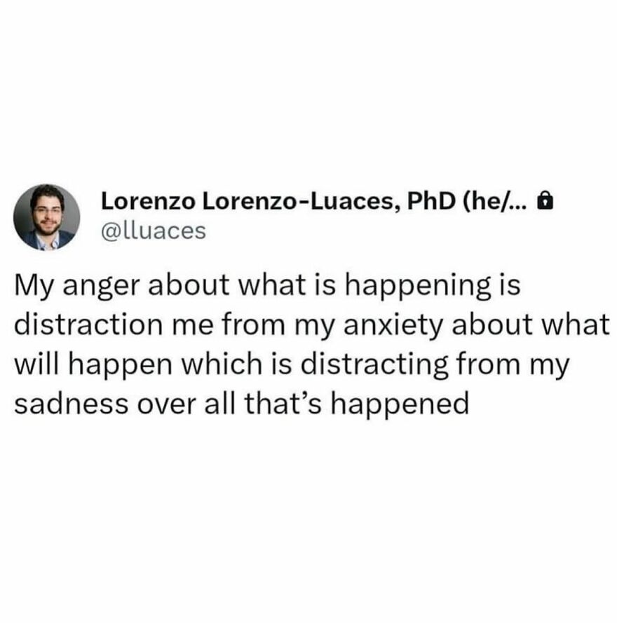 Mental health meme about emotions: anger, anxiety, and sadness intertwined in a humorous tweet format.