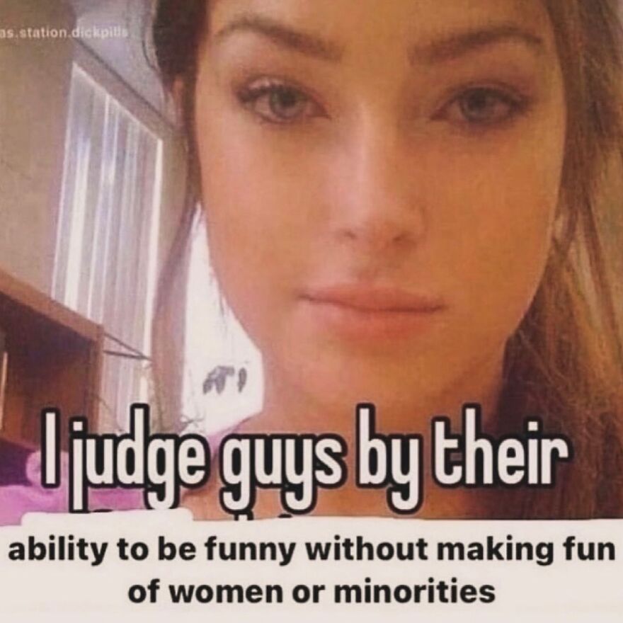 Woman with text about judging humor, related to mental health memes.