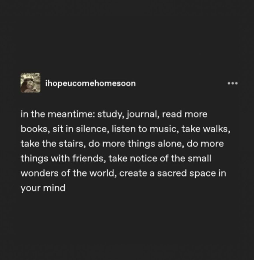 Mental health meme with uplifting advice for activities like journaling, reading, and walking to lift your spirits.