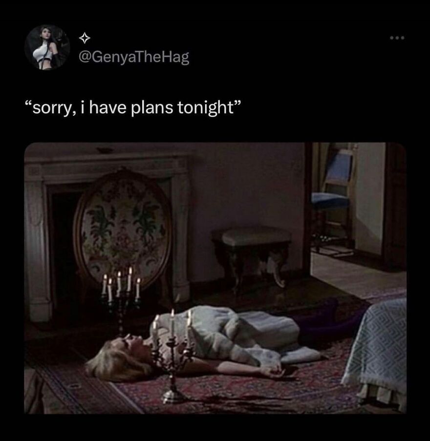 A humorous mental health meme with a person lying on the floor, captioned "sorry, I have plans tonight."