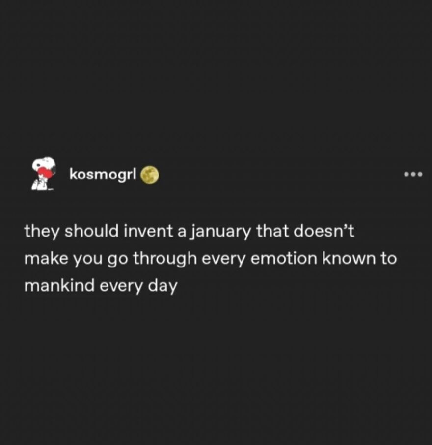 "Humorous quote about January emotions, shared by kosmogrl. Uplifting mental health meme."