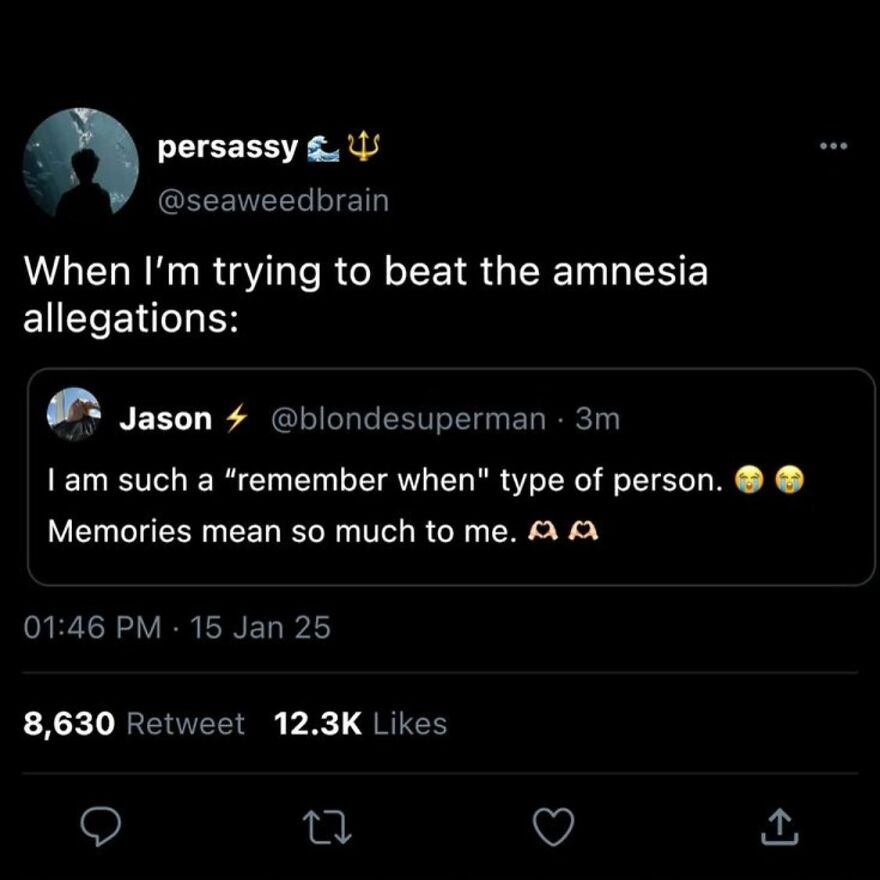 Mental health meme about trying to beat amnesia allegations with humorous tweet exchange.