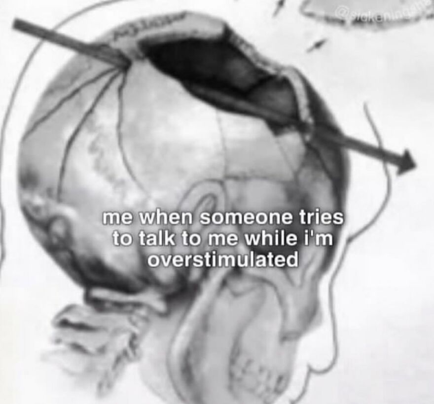 Illustration of a skull with an arrow, captioned about overstimulation, related to mental health memes.