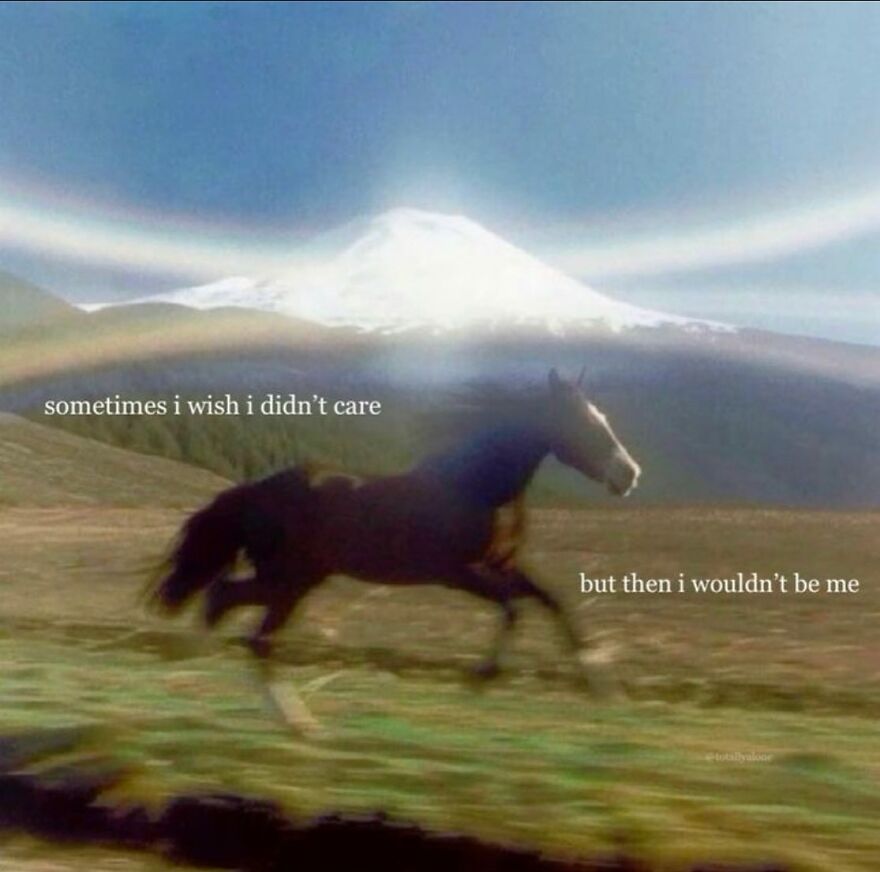 Horse running in front of a mountain with a reflective caption, expressing a thoughtful mental health meme.