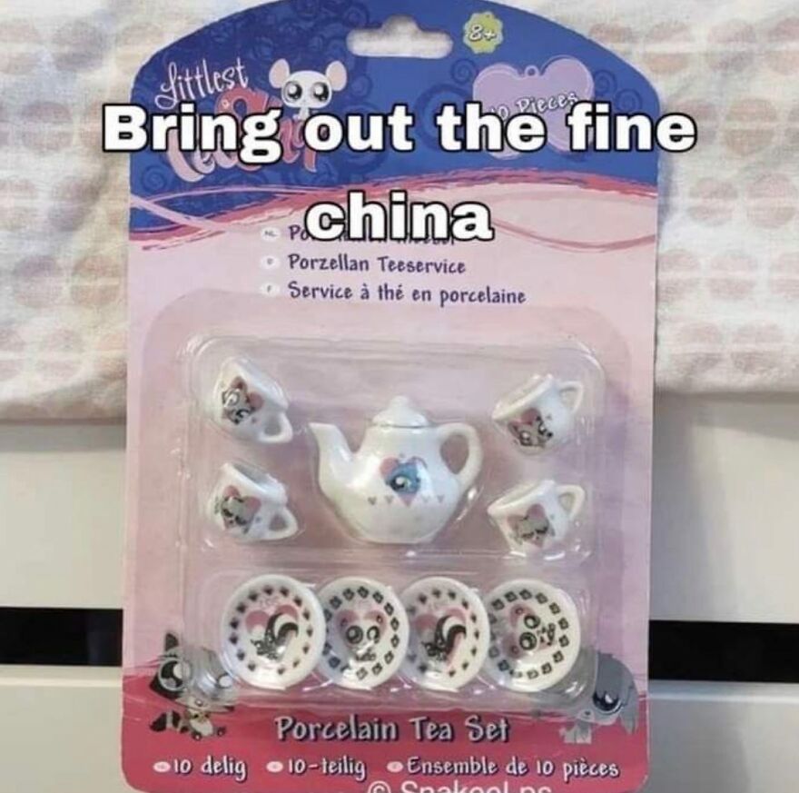 Porcelain tea set meme with "Bring out the fine china," linked to mental health humor.