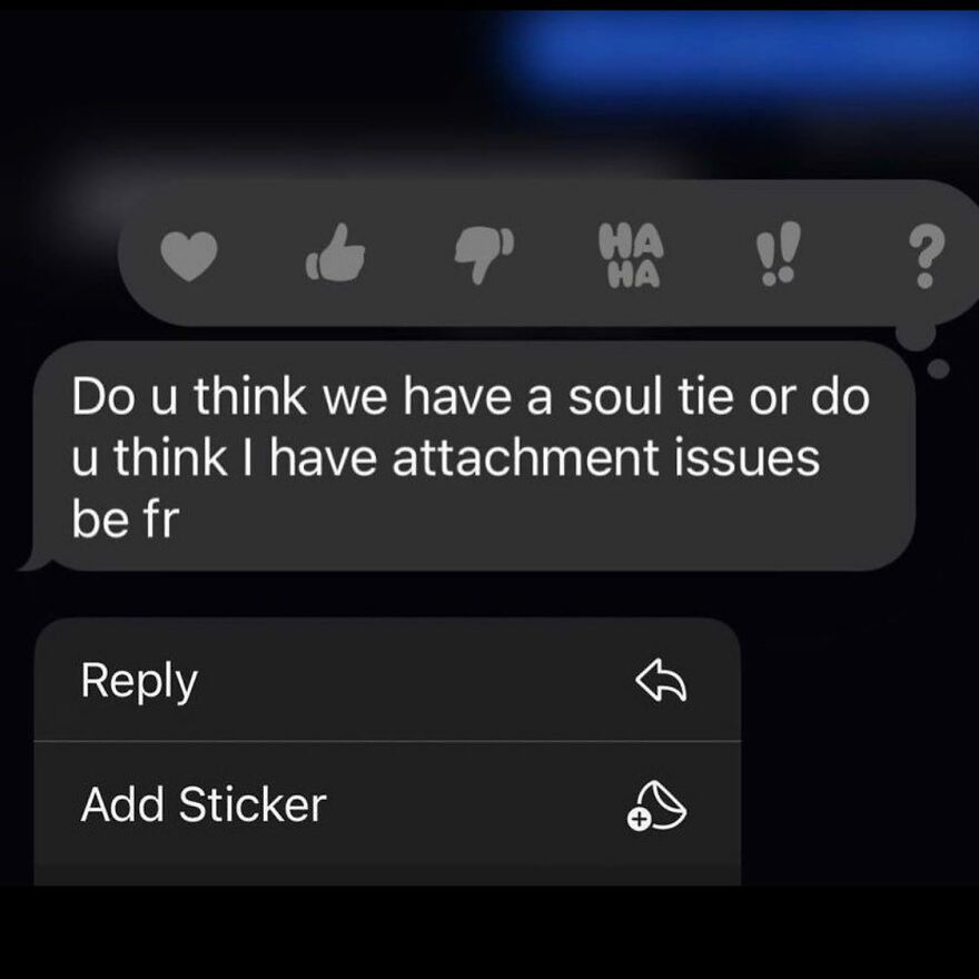 Text message screenshot with a mental health meme about soul ties and attachment issues.