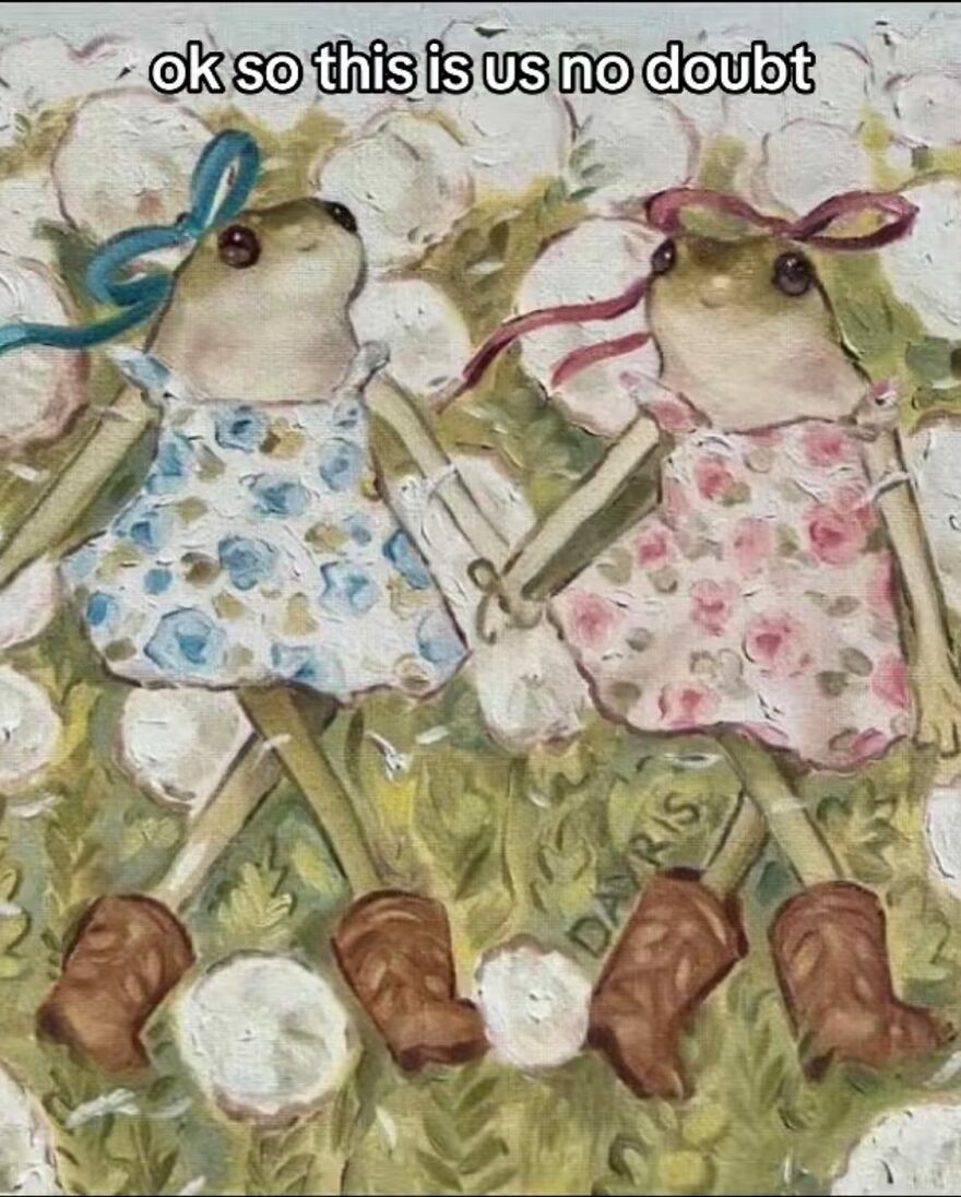 Two frogs in floral dresses holding hands, surrounded by flowers, conveying a lighthearted mental health message.