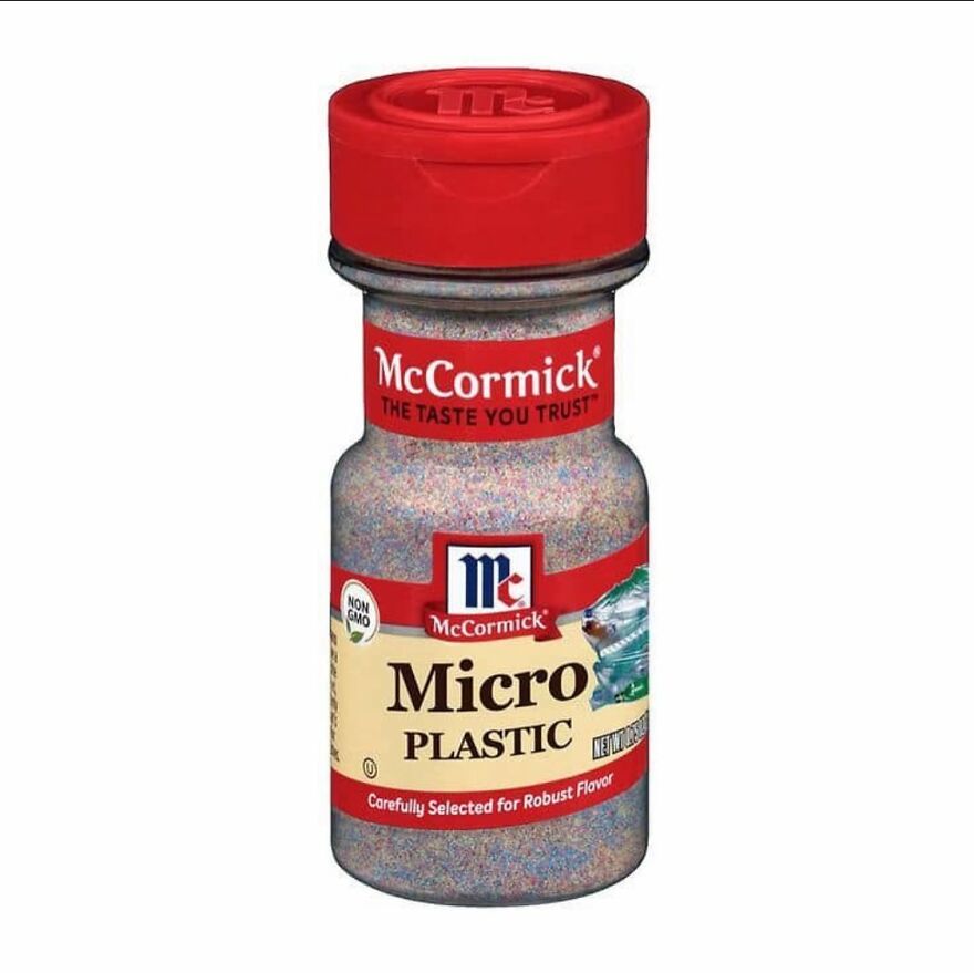 Bottle labeled "Micro Plastic" parodying a spice jar, adding humor to mental health memes.