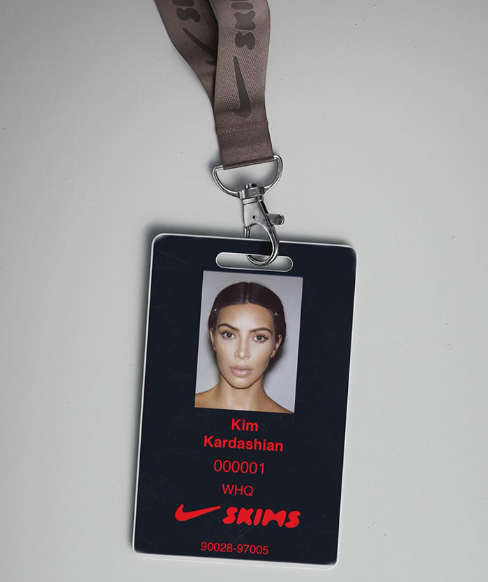 Kim Kardashian Skims ID card with lanyard, showing her photo and details.