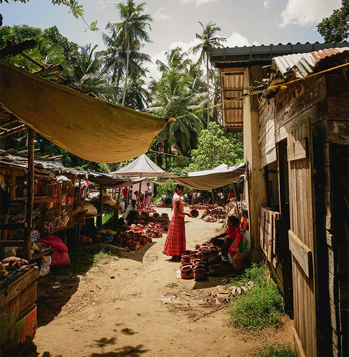 A bustling South Asian market with pottery stalls under palm trees on a sunny day.