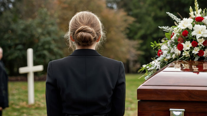 Person in black at a funeral, standing by a coffin with flowers, symbolizing family secrets revealed in a will.