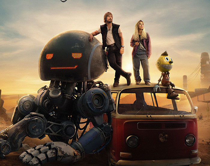 A large robot and two characters on a retro van for the Electric State film premiere.