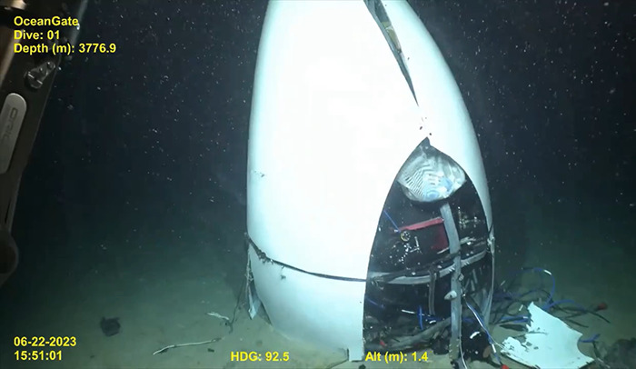 Damaged Titan Submarine at ocean floor, highlighting disaster evidence.