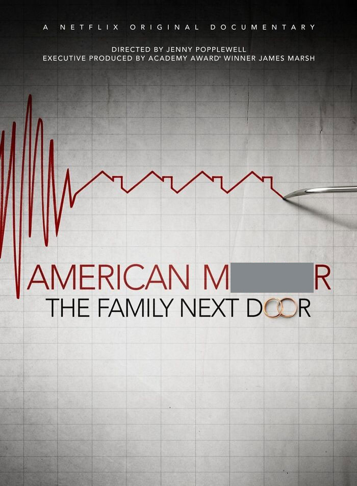 Documentary poster featuring a heart rate line, with the text "American Murder: The Family Next Door."