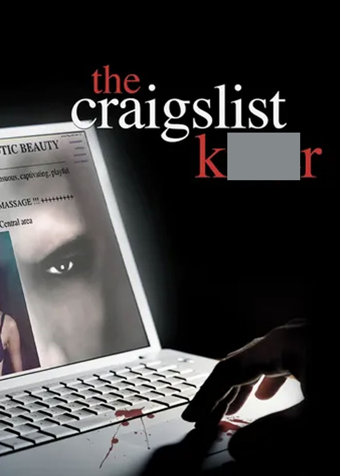 "True crime case poster featuring a shadowy figure using a laptop."