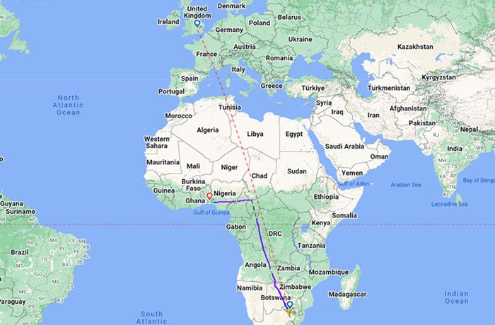 Map showing flight path over Europe and Africa due to emergency landing from a medical crisis on board.