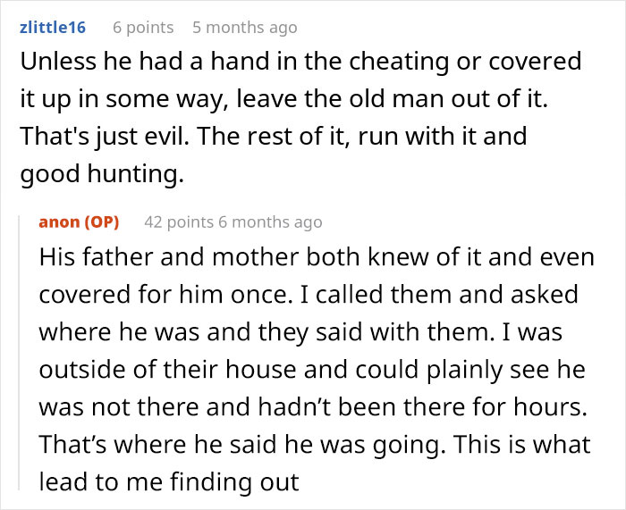 Reddit comments discussing a cheating husband, his father's involvement, and noticeable deception.