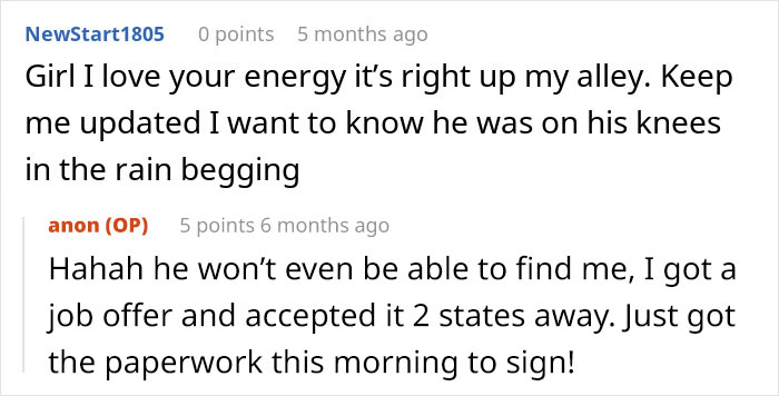 Reddit conversation about a woman planning revenge on her cheating husband, with comments expressing support.