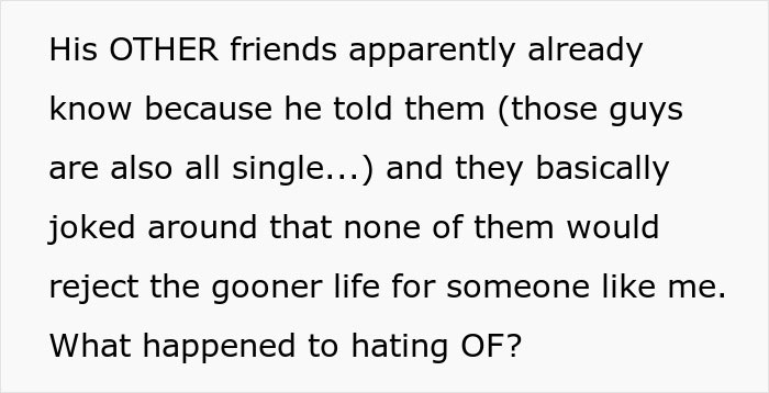 Text discussing a rejected proposal to a Zoomer friend, mentioning single friends and "gooner life" humor.