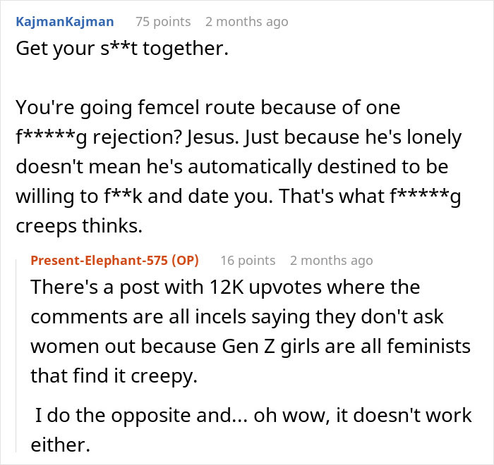 Reddit exchange about rejection from a Zoomer friend, discussing dating expectations and stereotypes in comments.