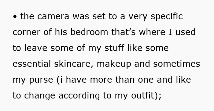 Text describing a setup to catch evidence of stealing, mentioning skincare and purses in a bedroom corner.