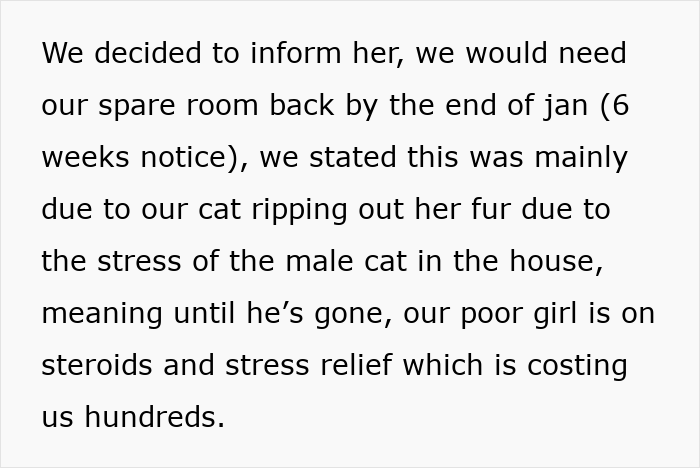 Text discussing informing a woman about needing the spare room back, mentioning issues with a stressed cat.