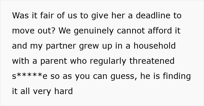 Text discussing the fairness of asking a long-term guest to move out, raising financial and emotional concerns.